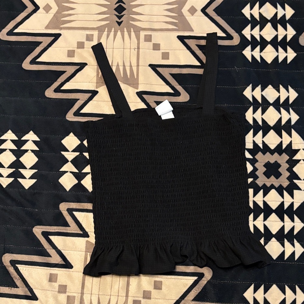 H&M Black Smocked Crop Top with Ruffle Hem